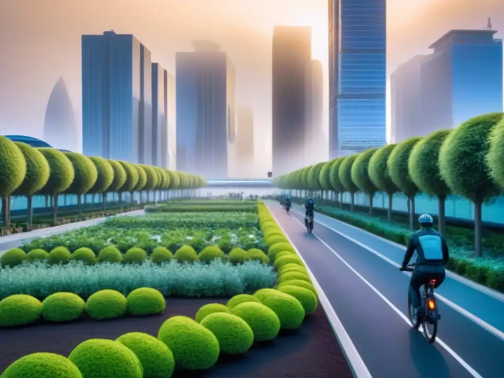 Metrópolis sostenible: armonía entre modernidad y naturaleza Un paisaje urbano vibrante al anochecer con diseño urbano sostenible para ciudades, edificios energéticamente eficientes y espacios verdes