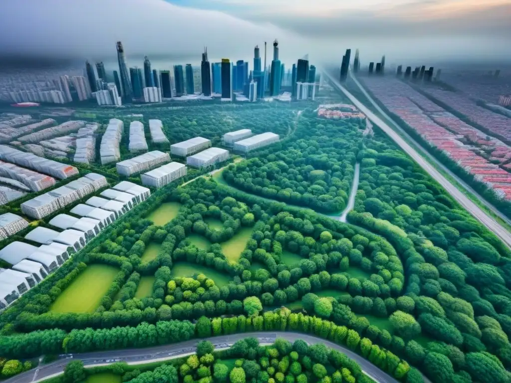 Metrópolis vibrante: diversidad urbana en perfecta armonía Un paisaje urbano vibrante con diversidad de edificios, parques verdes y redes de transporte eficientes