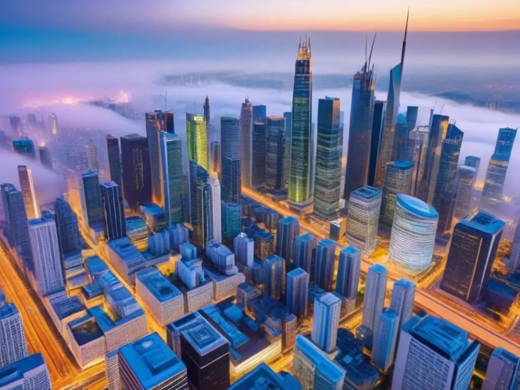 Horizonte urbano moderno: impacto del seguro en propiedades Un paisaje urbano vibrante con edificios modernos y gente activa, mostrando la importancia de seguros en el valor de inmuebles