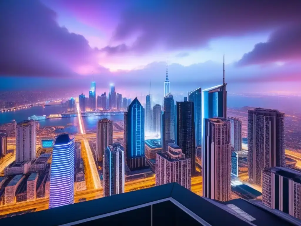 Horizonte urbano futurista con luces de neón vibrantes Un paisaje urbano vibrante y moderno con rascacielos futuristas iluminados por luces de neón