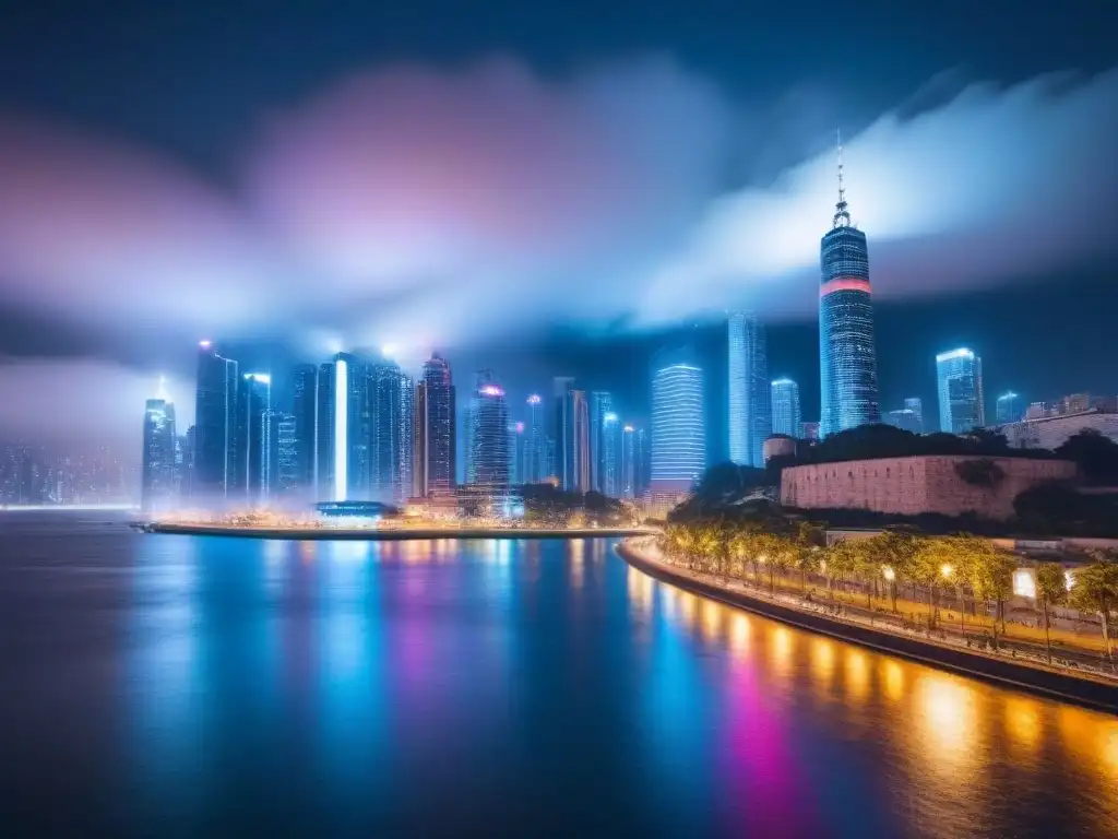 Skyline nocturno: influencia de redes sociales y cultura pop en tendencias inmobiliarias Un paisaje urbano vibrante y moderno de noche, reflejando la influencia de la cultura pop en las tendencias inmobiliarias