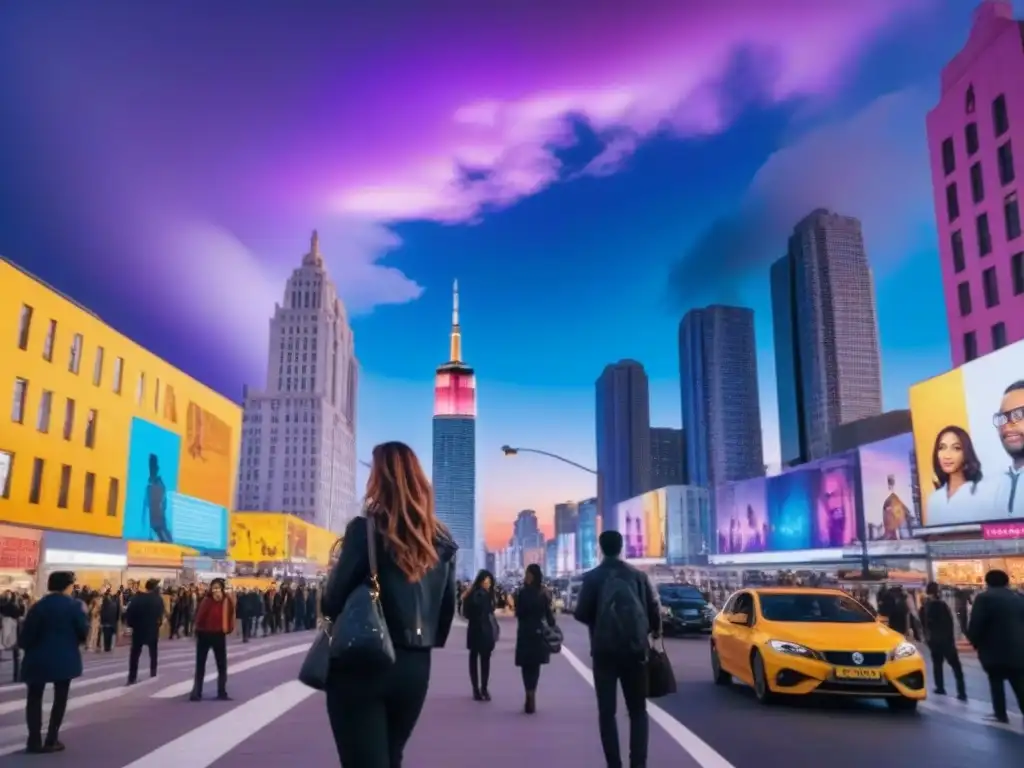Cityscape moderno y vibrante con murales coloridos de íconos pop Un paisaje urbano vibrante y moderno con rascacielos y murales coloridos de íconos de la cultura pop