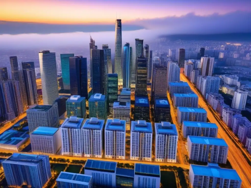Horizonte urbano moderno: Leyes de Propiedad Horizontal en 2021 Un paisaje urbano vibrante con modernos rascacielos, terrazas en la azotea y bulliciosas calles, reflejando las leyes de propiedad horizontal 2021