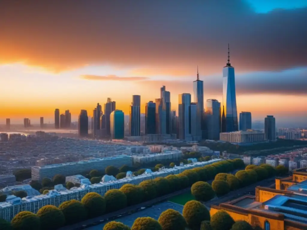 Espectacular ciudad en 8K: mercado inmobiliario vibrante al atardecer Un paisaje urbano vibrante con modernos rascacielos y acogedoras propiedades residenciales, iluminado por un atardecer cálido
