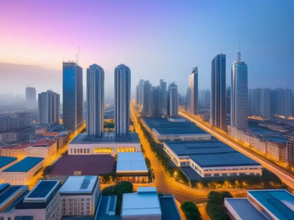Horizonte urbano en crecimiento: luces y rascacielos Un paisaje urbano vibrante al anochecer, con rascacielos modernos iluminados y calles bulliciosas