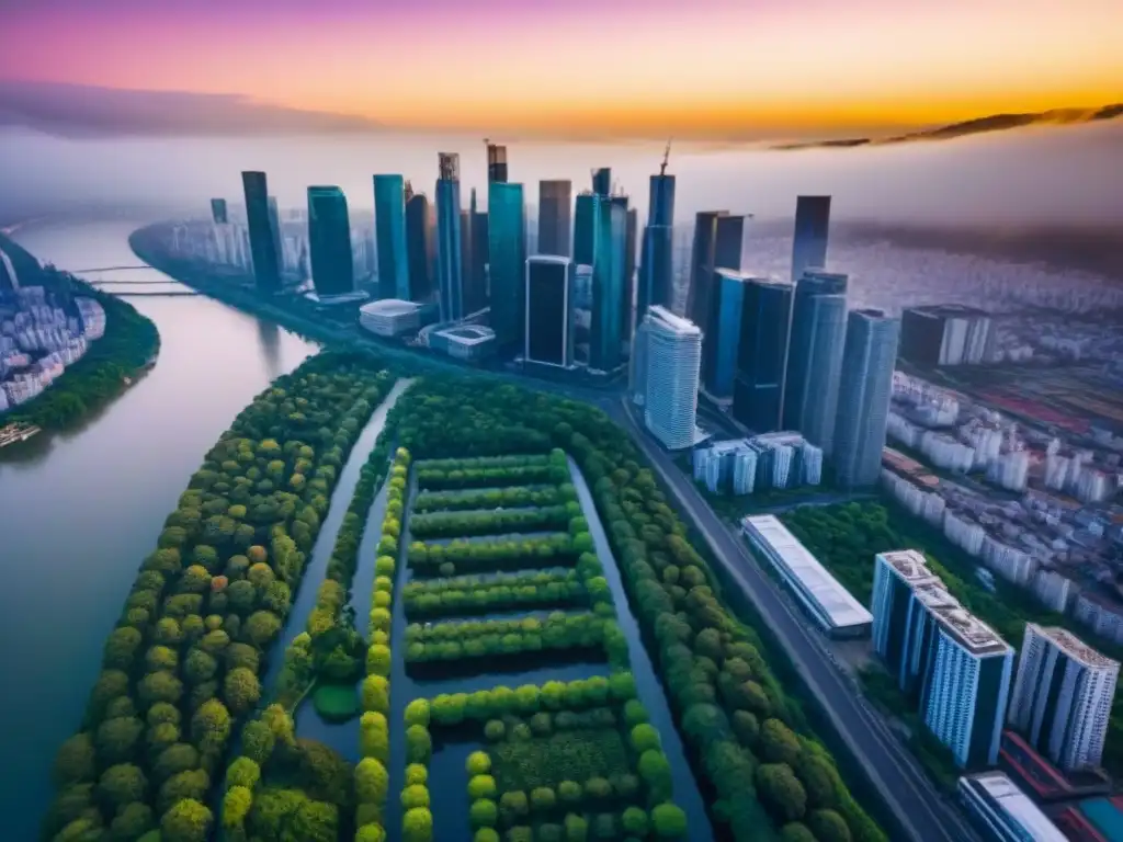 Espléndida vista aérea de una metrópolis moderna al atardecer Un paisaje urbano vibrante con rascacielos modernos, reflejando el atardecer dorado
