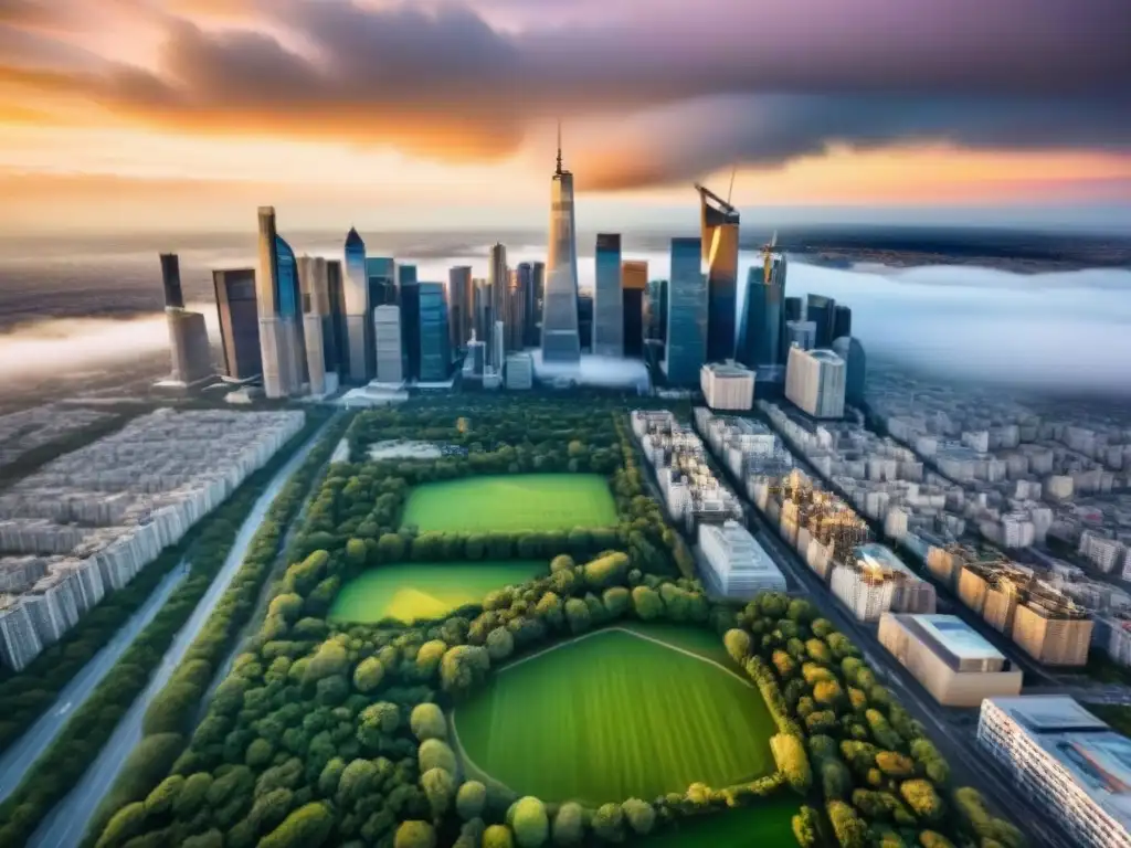 Vista aérea impactante: sinergia inmobiliaria en metrópolis moderna Un paisaje urbano vibrante con rascacielos modernos y espacios verdes, reflejando el financiamiento creativo de la sindicación inmobiliaria