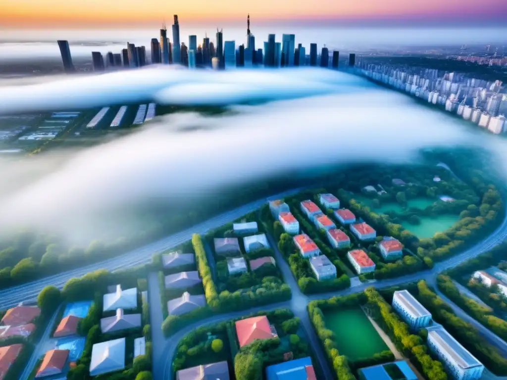 Desarrollo urbano: Financiamiento inovador y prosperidad económica Un paisaje urbano vibrante con rascacielos modernos, edificaciones residenciales y espacios verdes, reflejando el desarrollo regional financiamiento inmobiliario