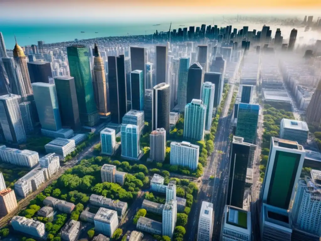 Metrópolis vibrante: modernos rascacielos y energía urbana Un paisaje urbano vibrante con rascacielos modernos, reflejando el crecimiento y los riesgos políticos en mercados inmobiliarios emergentes