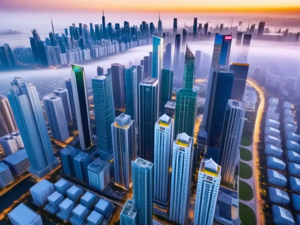 Inversión inmobiliaria: ciudad vibrante y próspera Un paisaje urbano vibrante con rascacielos modernos y edificios residenciales, simbolizando la prosperidad y la oportunidad en el sector inmobiliario