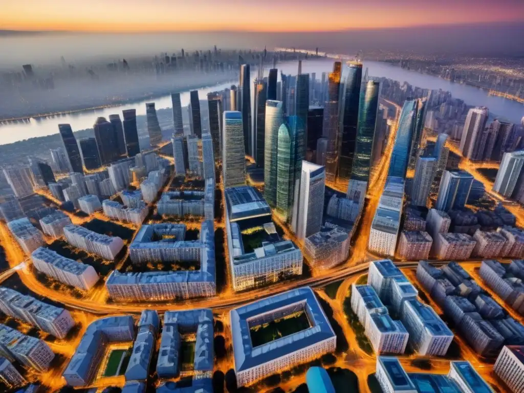 Metrópolis moderna: impacto de políticas en mercados inmobiliarios globales Un paisaje urbano vibrante con rascacielos modernos y una red de calles, parques y edificios, mostrando la influencia de las políticas gubernamentales en los mercados inmobiliarios internacionales