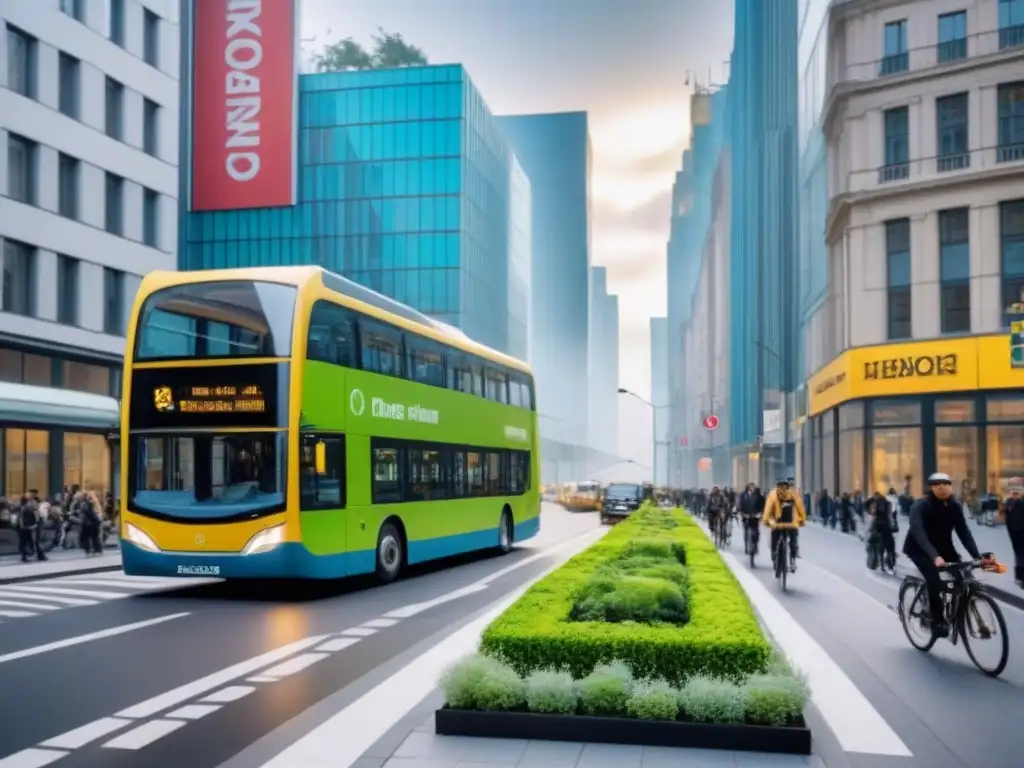 Metrópolis sostenible: edificios verdes y movilidad eco Un paisaje urbano vibrante y sostenible con edificios modernos y tecnológicos, transportes eco y vegetación