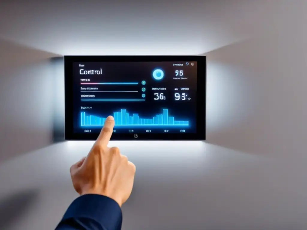 Panel de control domótico futurista: iluminación, seguridad y temperatura Panel de control futurista en una casa inteligente con opciones de automatización
