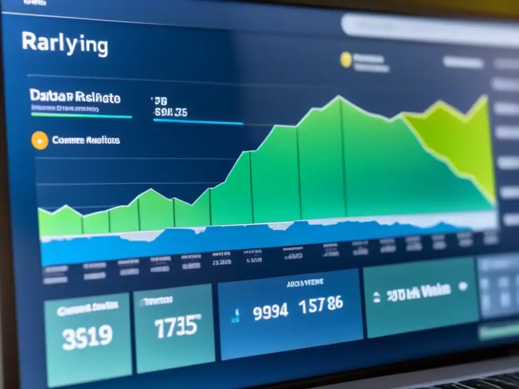 Un panel de control futurista para analítica de datos en marketing inmobiliario, con gráficos detallados y colores elegantes