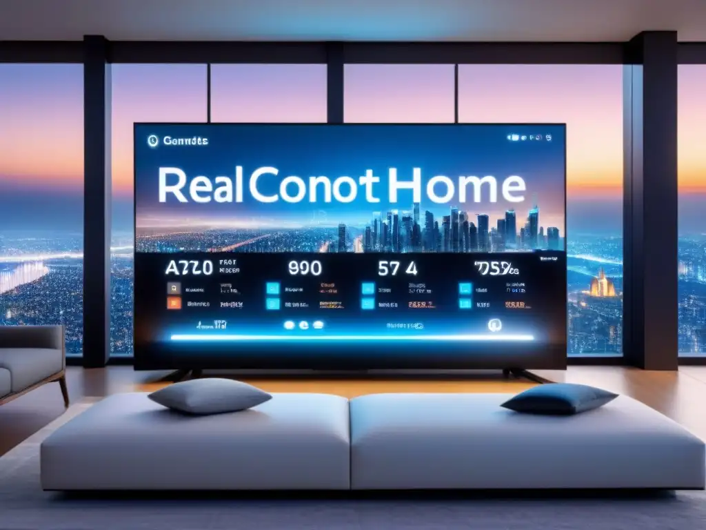 Panel de control smart home futurista con IA y análisis inmobiliario en 8k Panel de control futurista en hogar inteligente con IA, mostrando datos de préstamos inmobiliarios