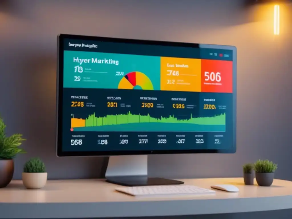 Un panel de control de plan de marketing digital inmobiliario con gráficos detallados y coloridos en una pantalla de alta resolución