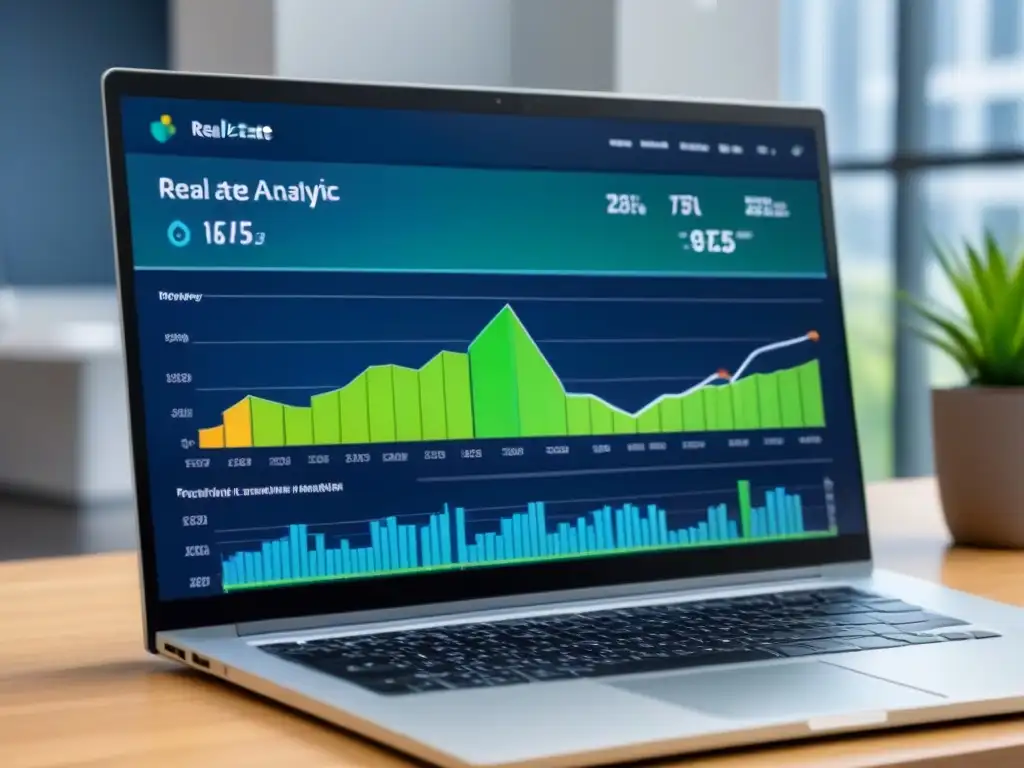 Un panel de analítica de datos en marketing inmobiliario en una pantalla moderna, con gráficos y estadísticas en azules y verdes profesionales