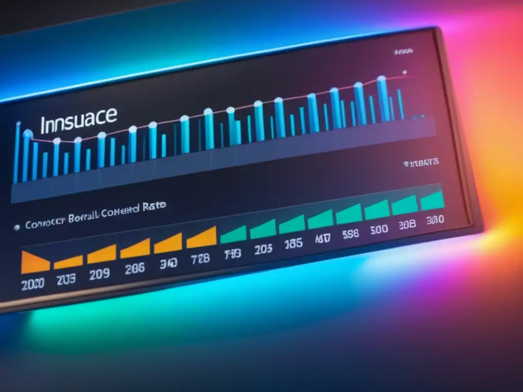 Panel digital de seguros: análisis en tiempo real Un panel digital moderno muestra conversiones programas afiliados seguros propiedad con gráficos detallados y colores vibrantes