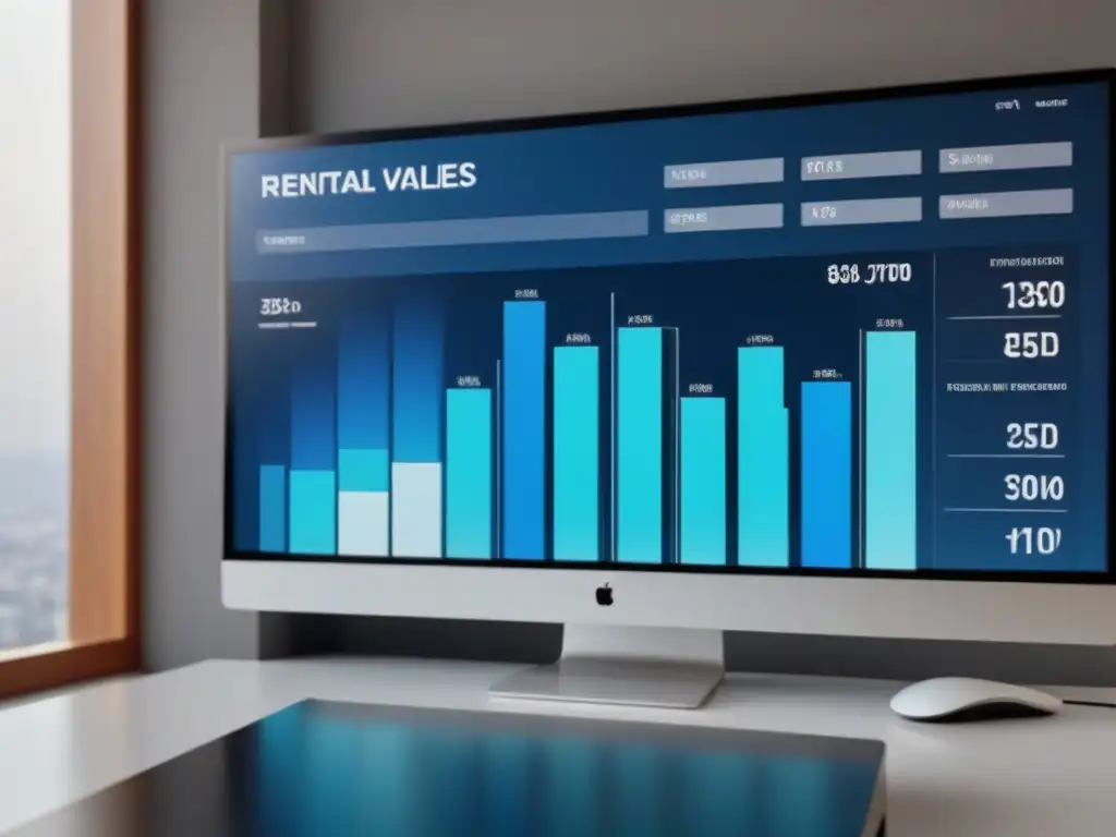 Panel digital inmobiliario: datos clave para maximizar ROI Un panel digital moderno muestra datos de rentabilidad de propiedades con gráficos interactivos y estética profesional
