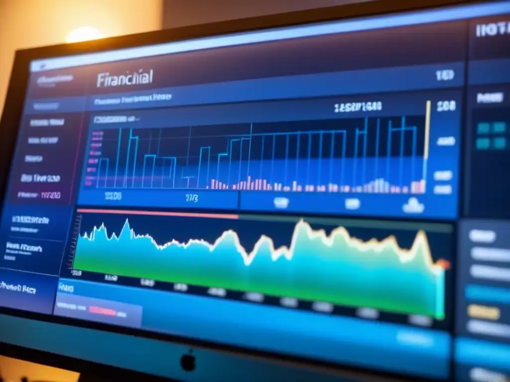 Tablero de inversión financiera futurista de alta resolución Panel financiero futurista con gráficos en tiempo real, tendencias bursátiles y estadísticas de cartera, en tonos azules