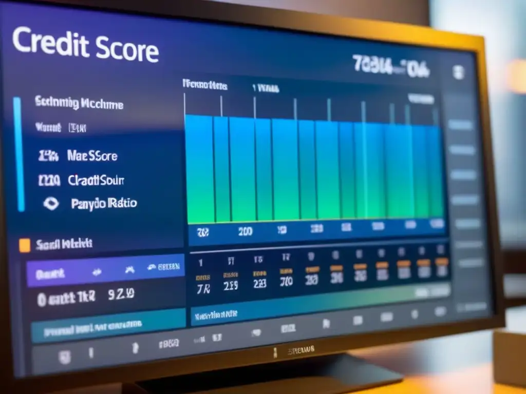Tablero de crédito futurista: gestión de deudas innovadora Un panel futurista de puntaje crediticio con gráficos dinámicos y colores vibrantes para una gestión de deuda puntaje crediticio innovadora