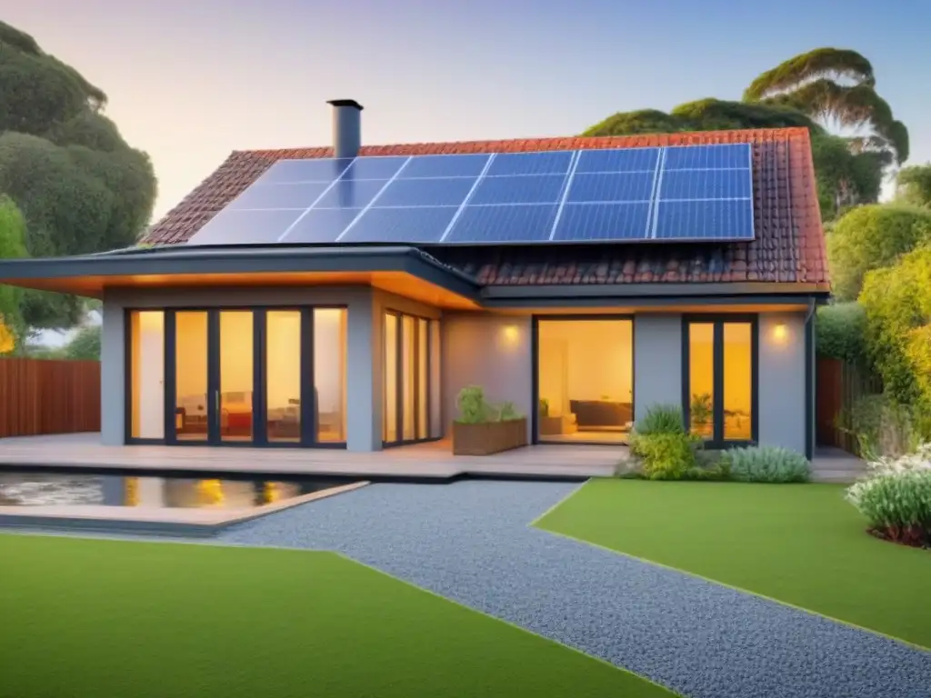 Renovación ecológica con paneles solares, sistema de recolección de agua, ventanas eficientes y jardín verde