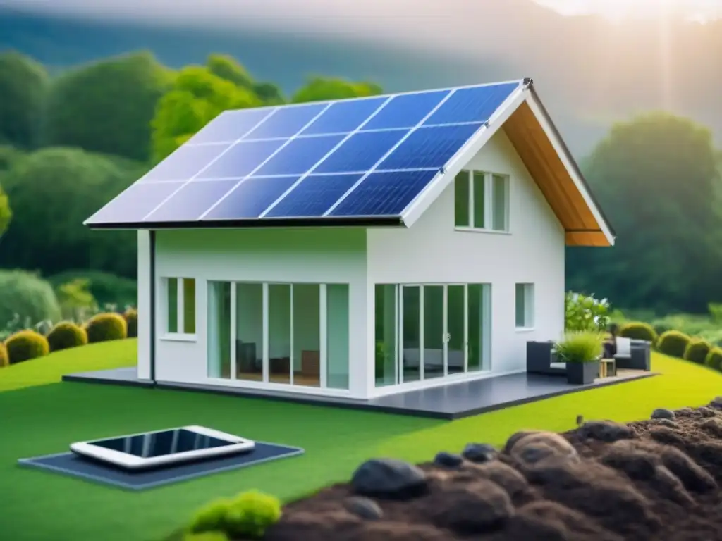Infografía de casa ecológica con paneles solares, ventanas eficientes y jardín con sistema de recolección de agua