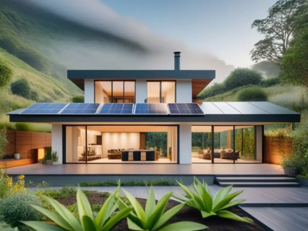 Casa ecológica con paneles solares, jardín verde y diseño sostenible