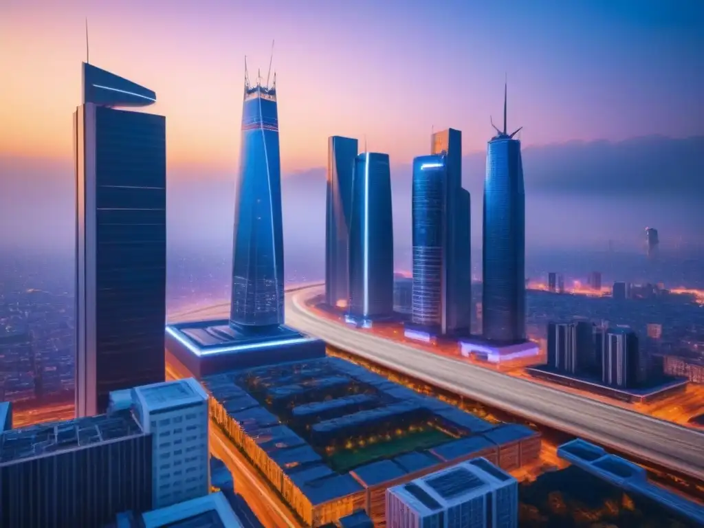 Metrópolis futurista: arquitectura innovadora y tecnología avanzada en atardecer Un panorama futurista de una ciudad al atardecer, con rascacielos elegantes y tecnología avanzada