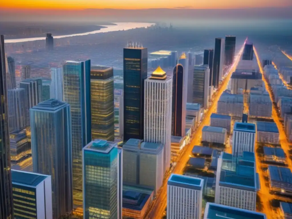 Escenario urbano dinámico: mercado inmobiliario en auge Un panorama urbano dinámico con rascacielos modernos y edificios comerciales, reflejando las tendencias en financiamiento bienes raíces comerciales