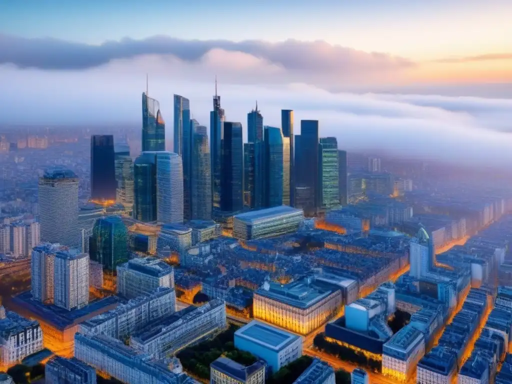 Skyline postBrexit: fusión arquitectónica urbana Panorama urbano postBrexit: arquitectura europea tradicional y rascacielos modernos, reflejo del impacto en el mercado inmobiliario