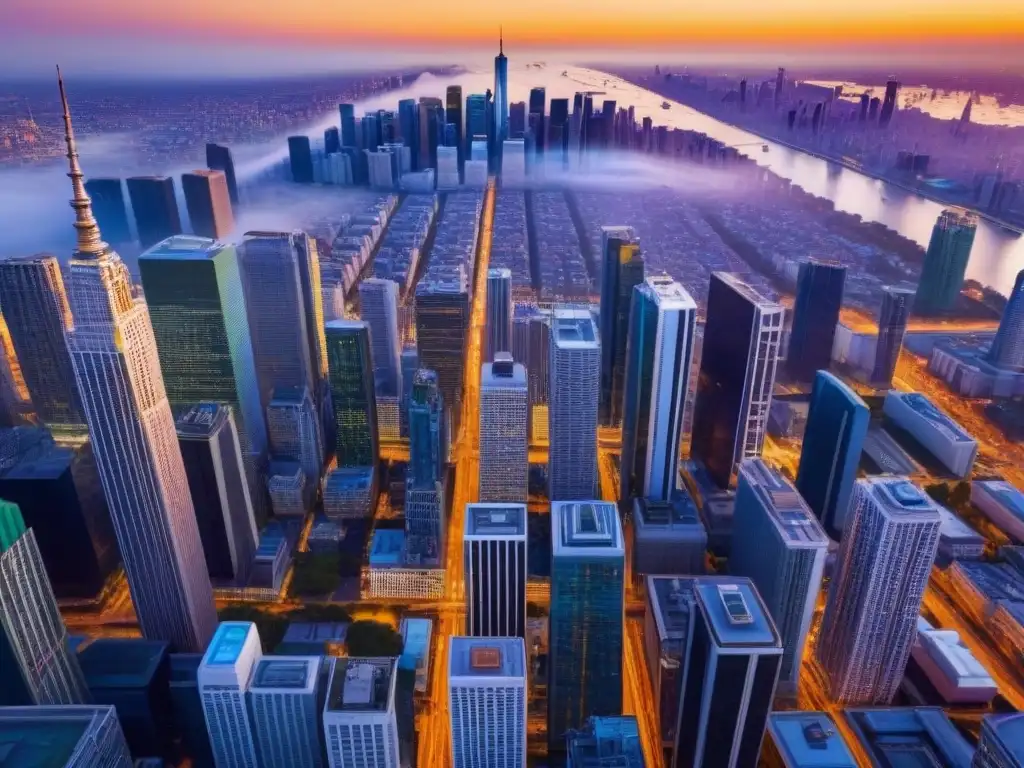 Metrópolis moderna al atardecer: luces, sombras y prosperidad Un panorama urbano vibrante y dinámico al atardecer, con rascacielos modernos y calles llenas de coches
