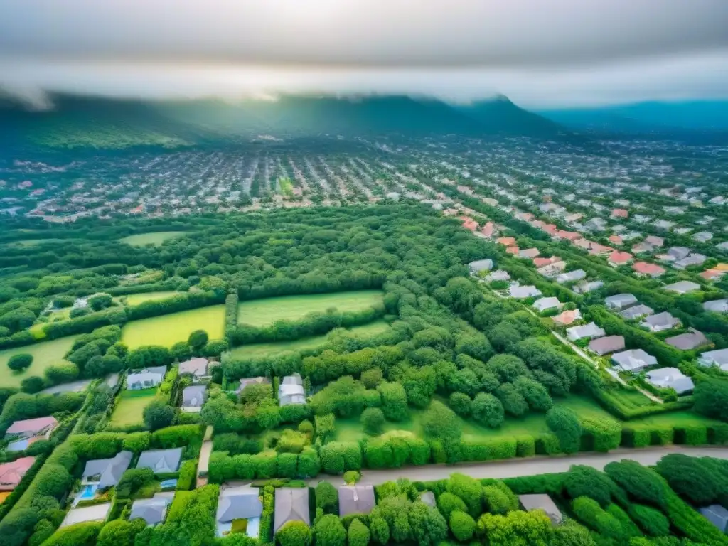 Vista aérea de ciudad diversa y vibrante Una panorámica aérea de una ciudad vibrante con variedad de vecindarios y arquitecturas, rodeada de vegetación, conectada por calles y parques
