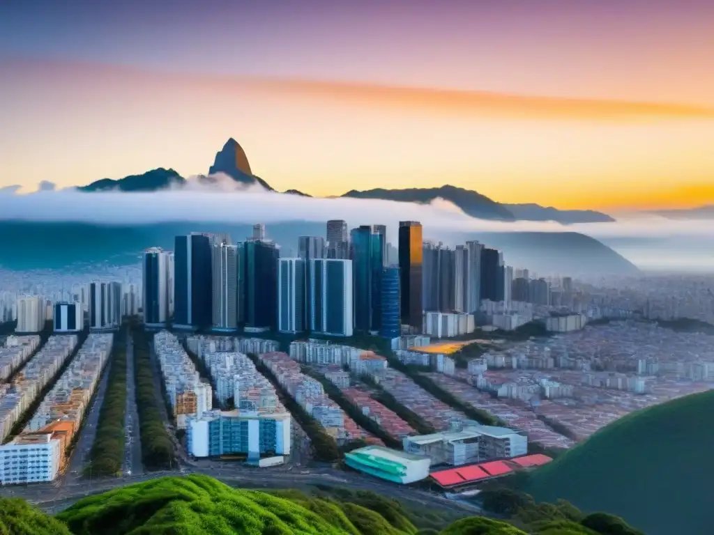 Skyline moderno y vibrante en ciudad latinoamericana Panorámica de ciudad latinoamericana: rascacielos modernos, arquitectura tradicional, montañas y vegetación exuberante