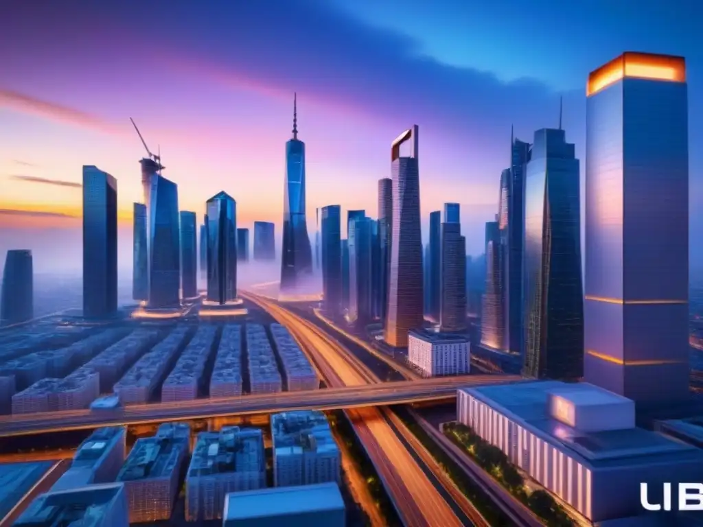 Metrópolis futurista al atardecer: ciudad ultradetallada en 8k Panorámica futurista en 8k de ciudad al atardecer con rascacielos brillantes reflejando el sol, autos autónomos y dron entregando paquete, con tablero digital de 'Predicciones mercado inmobiliario 2023'
