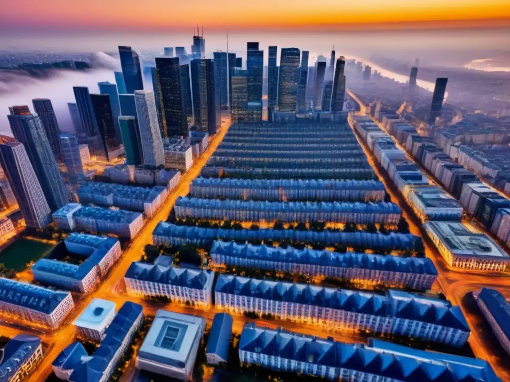 Metrópolis dorada: atardecer en la ciudad de oportunidades Una panorámica impresionante de una bulliciosa ciudad al atardecer, mostrando rascacielos modernos y edificios residenciales con diseños arquitectónicos elegantes