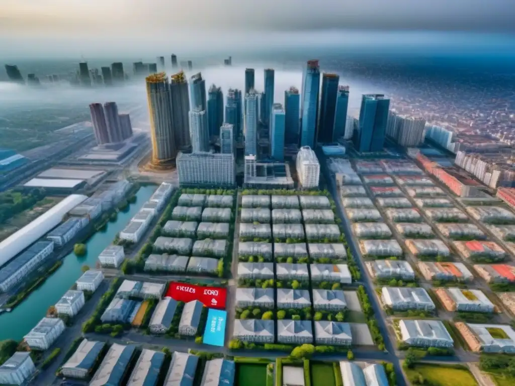 Metamorfosis urbana: desarrollo inmobiliario en ciudad vibrante Panorámica urbana: edificios en construcción y en venta, reflejo de la reforma inmobiliaria y valoración de propiedades