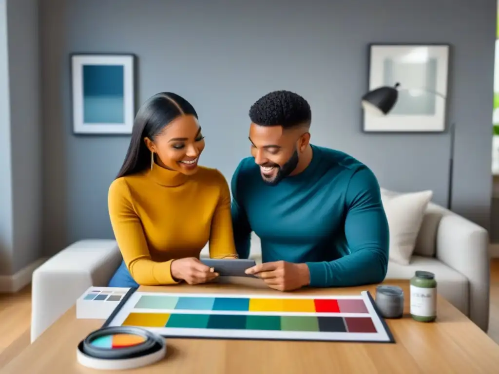 Pareja elige colores para su hogar moderno Una pareja diversa elige colores de pintura para su nuevo hogar, rodeados de muestras de diseño, con una sala luminosa y moderna de fondo