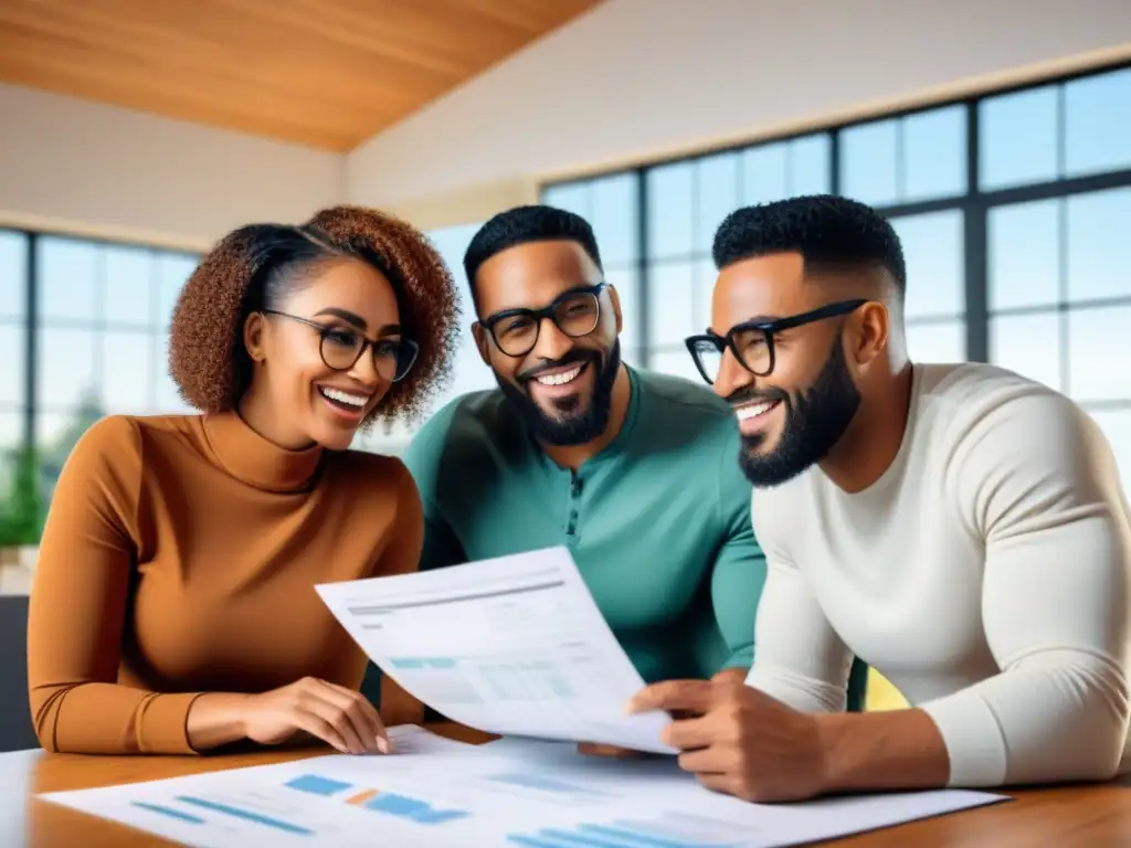 Planificación financiera para parejas: revisando planos de su casa soñada Una pareja diversa revisa felices planos arquitectónicos de su casa soñada, rodeados de documentos financieros y una laptop