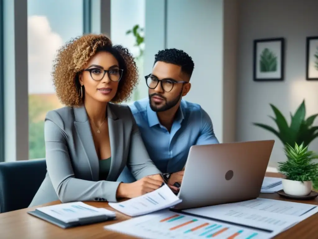 Planificación financiera en pareja: comprar una casa juntos Una pareja diversa planeando financiamiento para comprar casa en un ambiente luminoso y moderno