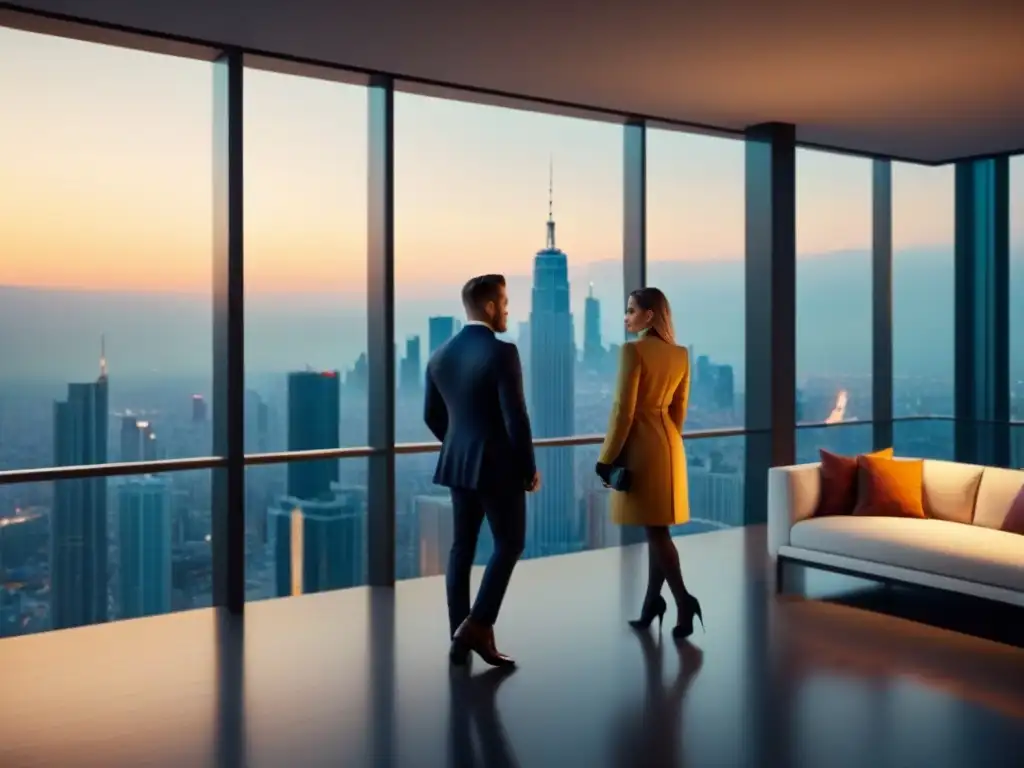 Residencia de lujo al atardecer: moderna y exclusiva Una pareja elegante ingresa a un lujoso edificio residencial al atardecer, destacando campañas publicitarias inmobiliarias de lujo