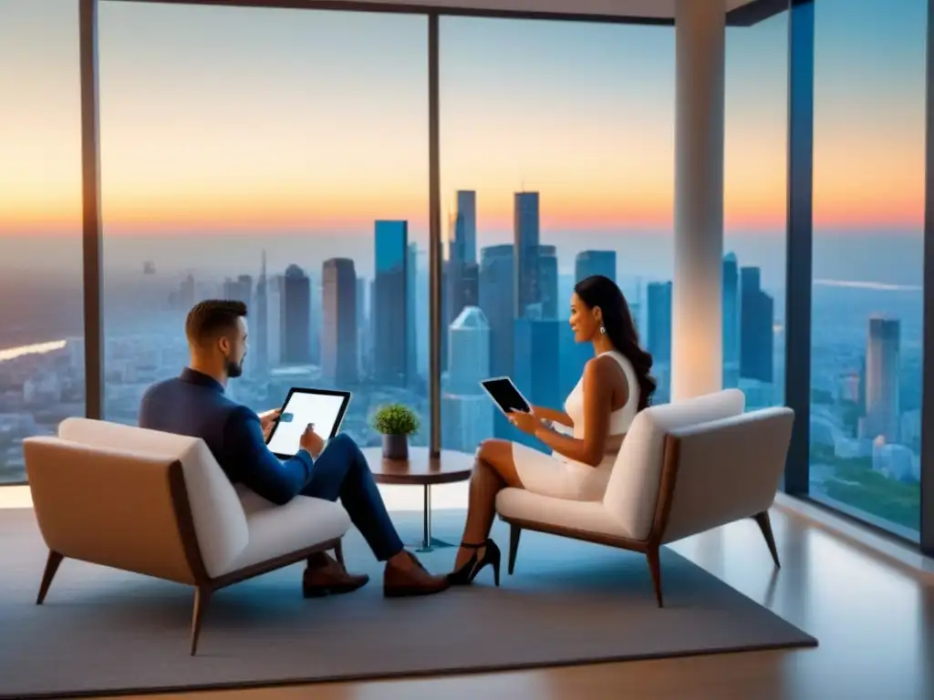 Decisión hipotecaria: pareja feliz elige entre tasas fijas y variables Pareja feliz decidiendo entre créditos hipotecarios fijos vs variables en lujosa sala con vista a la ciudad al atardecer