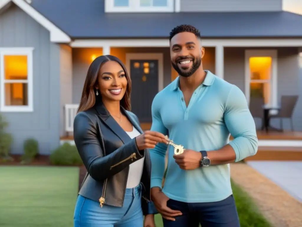 Pareja feliz estrena su primer hogar moderno al atardecer Pareja feliz ante su primera casa, cajas y llaves, con diseño moderno y cálido atardecer