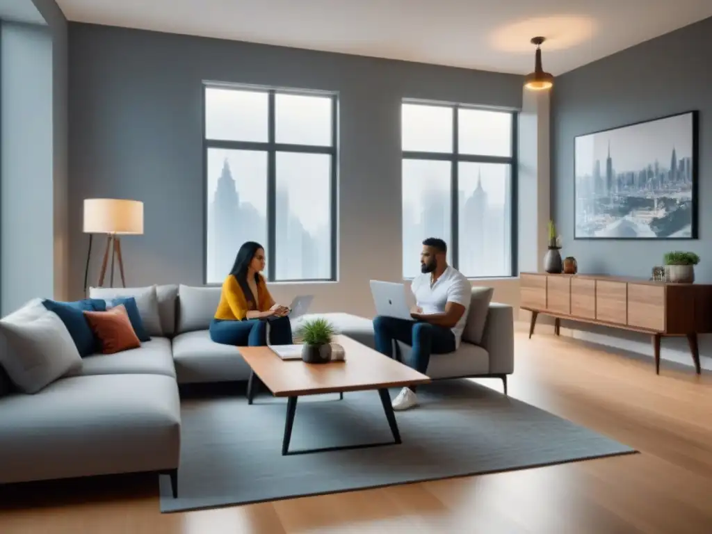Planificación de hogar moderno: pareja discute con planos y gráficos Pareja planeando su futura casa con planificación financiera para comprar casa, rodeados de planos y gráficos