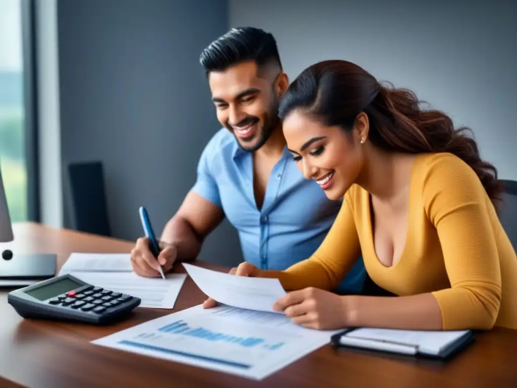 Jóvenes pareja hispana revisando documentos para préstamo FHA Una pareja hispana sonriendo, revisando documentos financieros en un escritorio moderno