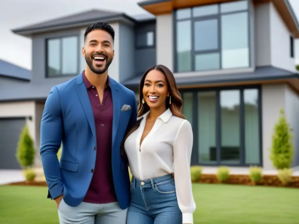 Jóvenes felices frente a su nueva casa moderna Una pareja joven emocionada y feliz frente a su nueva casa, con un diseño moderno y hermoso jardín