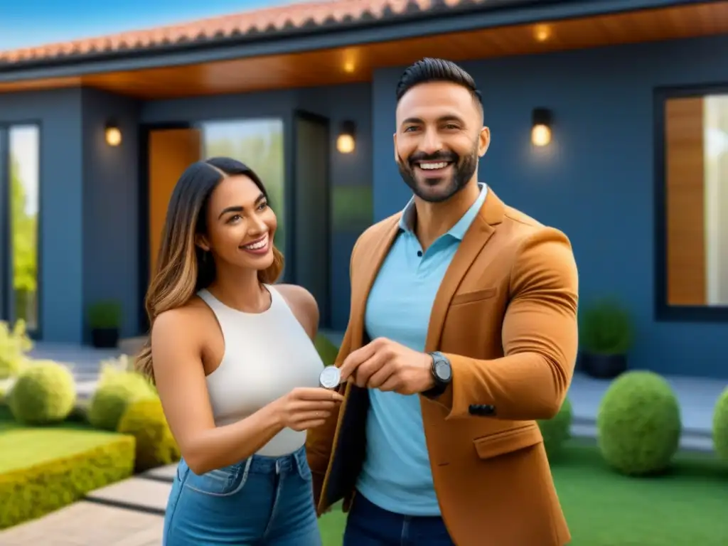 Una pareja joven recibe feliz las llaves de su primera casa de una agente inmobiliaria, en un vecindario vibrante