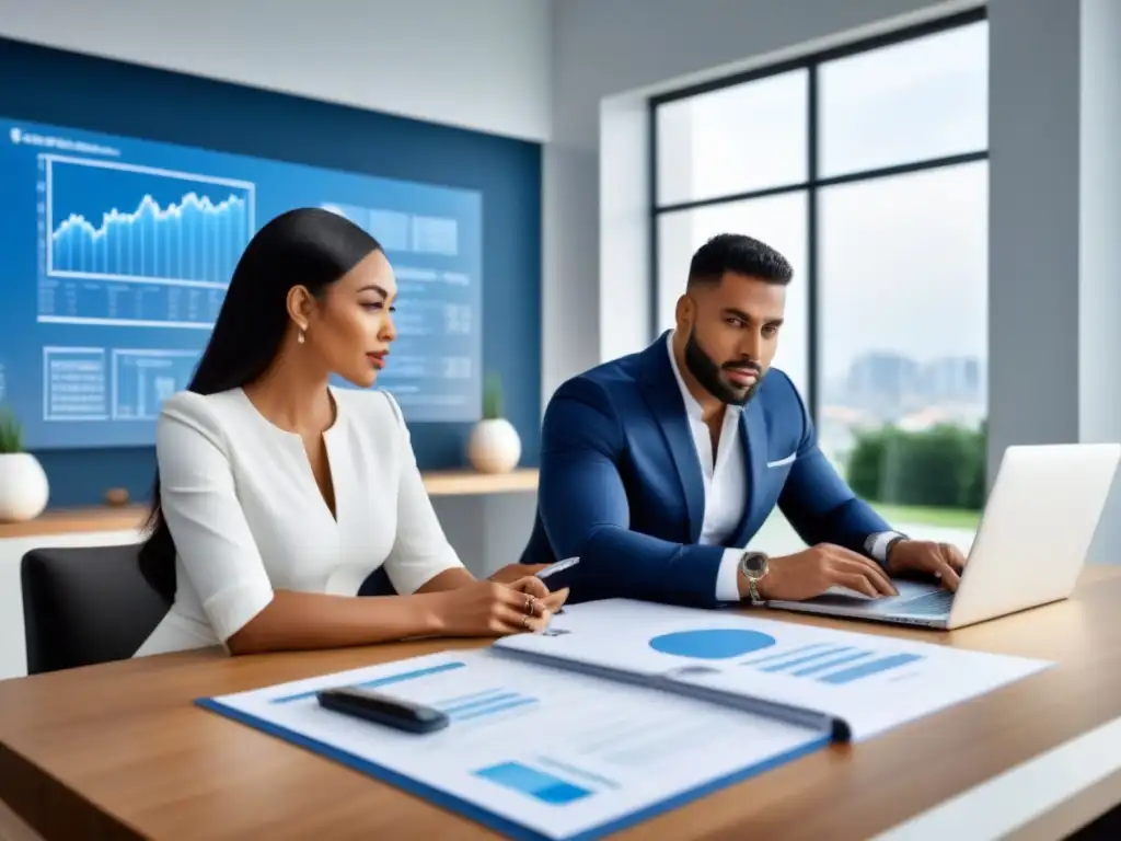 Jóvenes profesionales planificando inversión inmobiliaria Una pareja de profesionales discute estrategias de inversión inmobiliaria rodeados de planos y un portátil