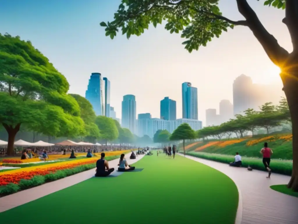 Parque urbano: diversidad y armonía en la ciudad Un parque vibrante con actividades recreativas y espacios verdes beneficiosos para el desarrollo urbano