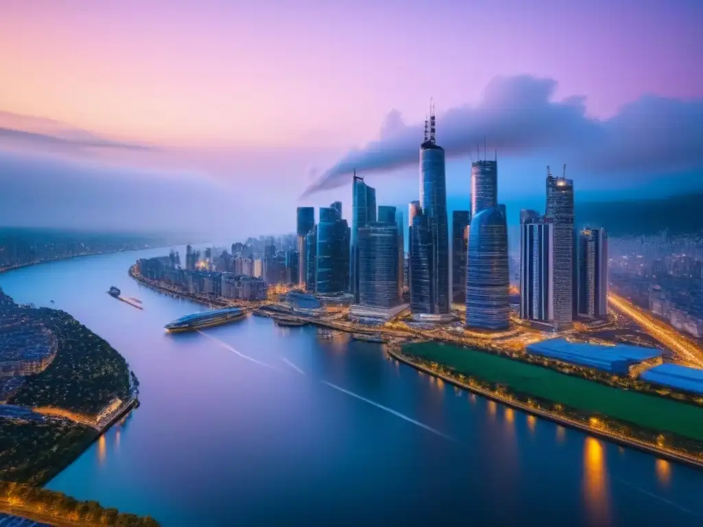 Escenario urbano vibrante: inversión inmobiliaria y fondos de pensión Inversión en REITs y Pensiones: Skyline urbano iluminado por la noche reflejándose en un río sereno al anochecer
